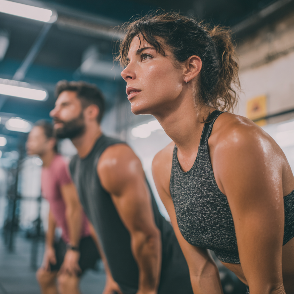 Persoană română zâmbitoare în sala de sport, demonstrând exercițiul controlled squat cu focus pe tehnica corectă