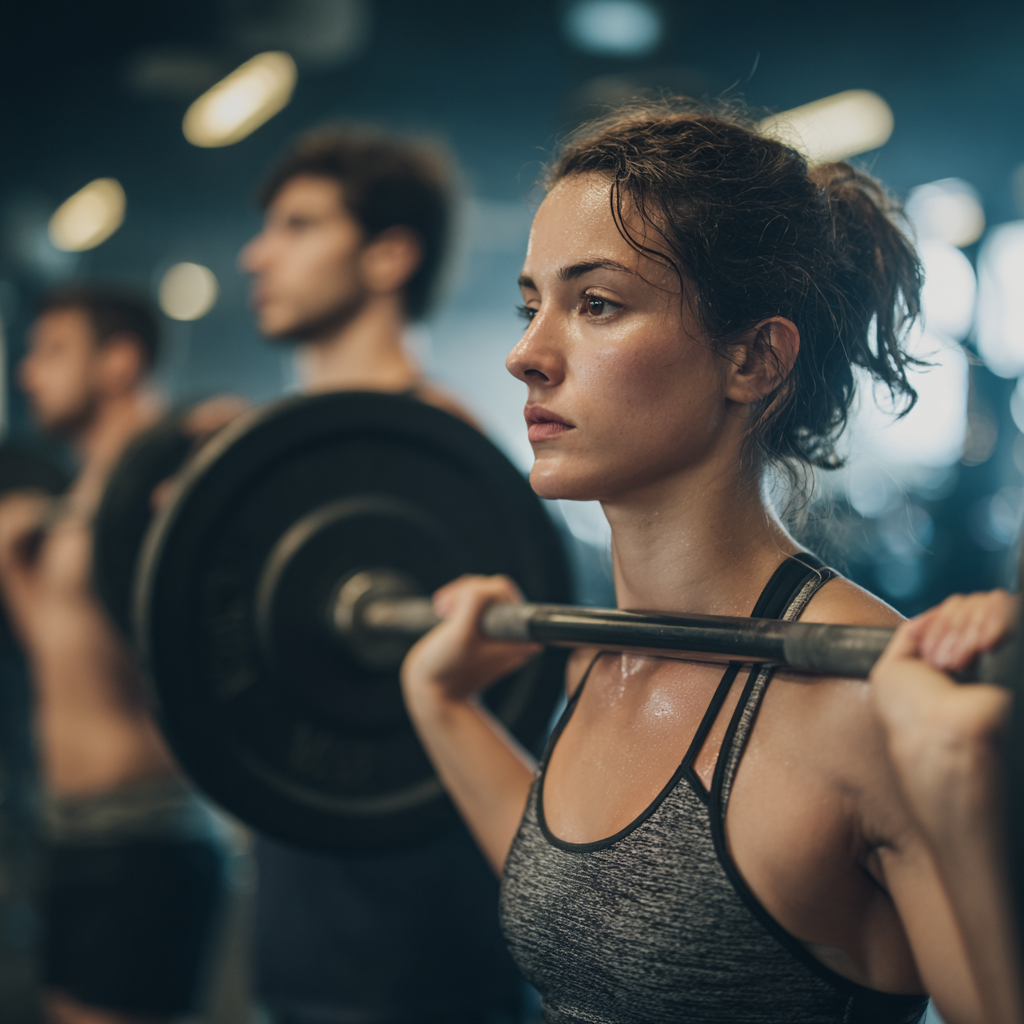 Grup de români adulți de vârste diferite într-o sală de fitness modernă, practicând exerciții de forță cu focus pe tehnica controlată