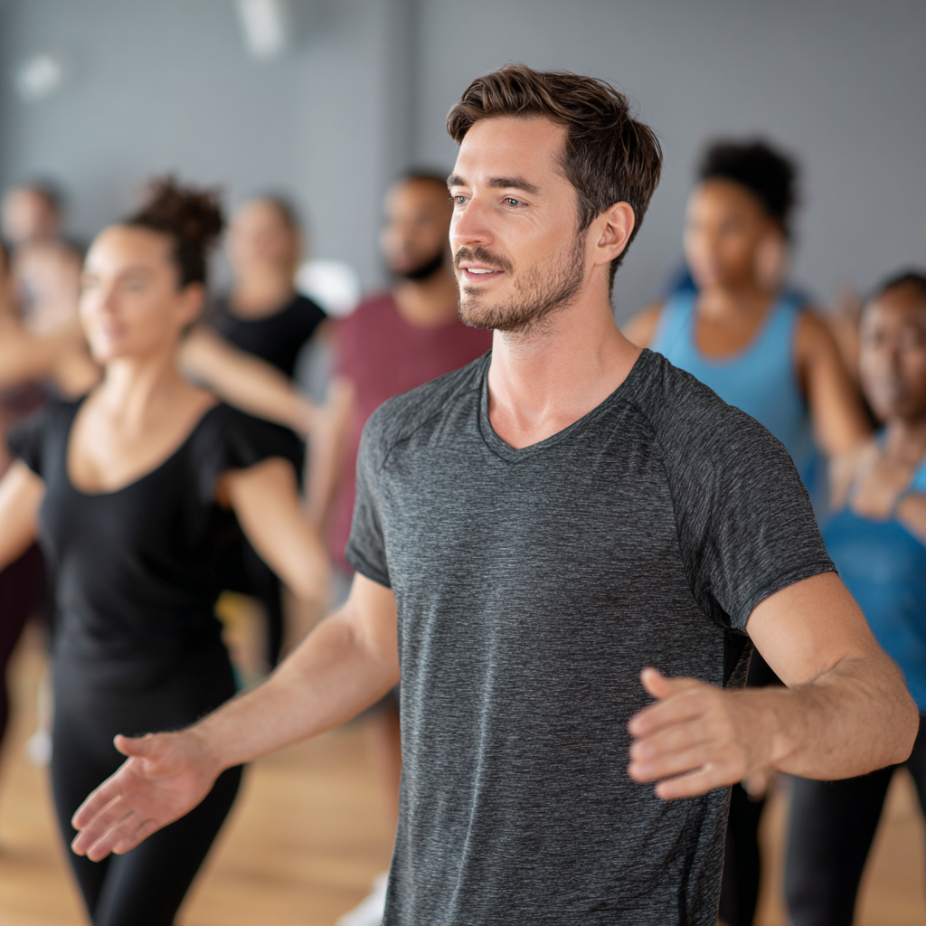 Antrenor român profesionist explicând tehnica tempo unui grup divers de adulți într-un mediu de fitness modern și prietenos